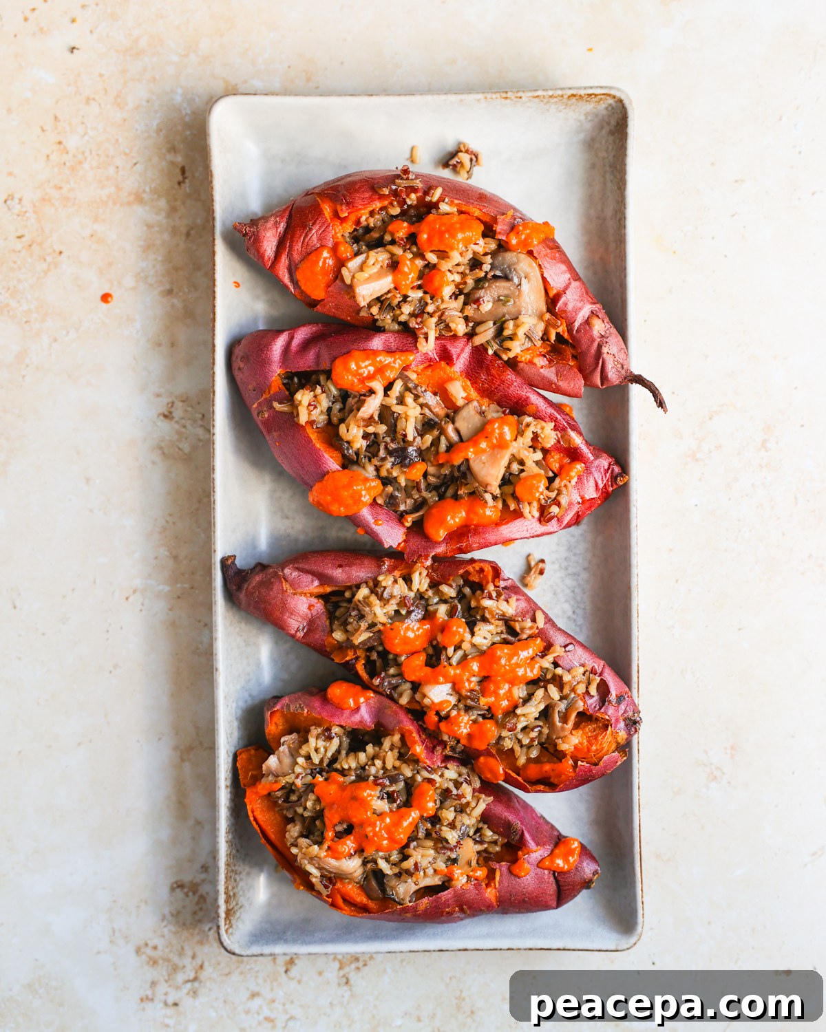 overhead stuffed potatoes on platter