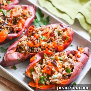 Stuffed sweet potatoes on platter.