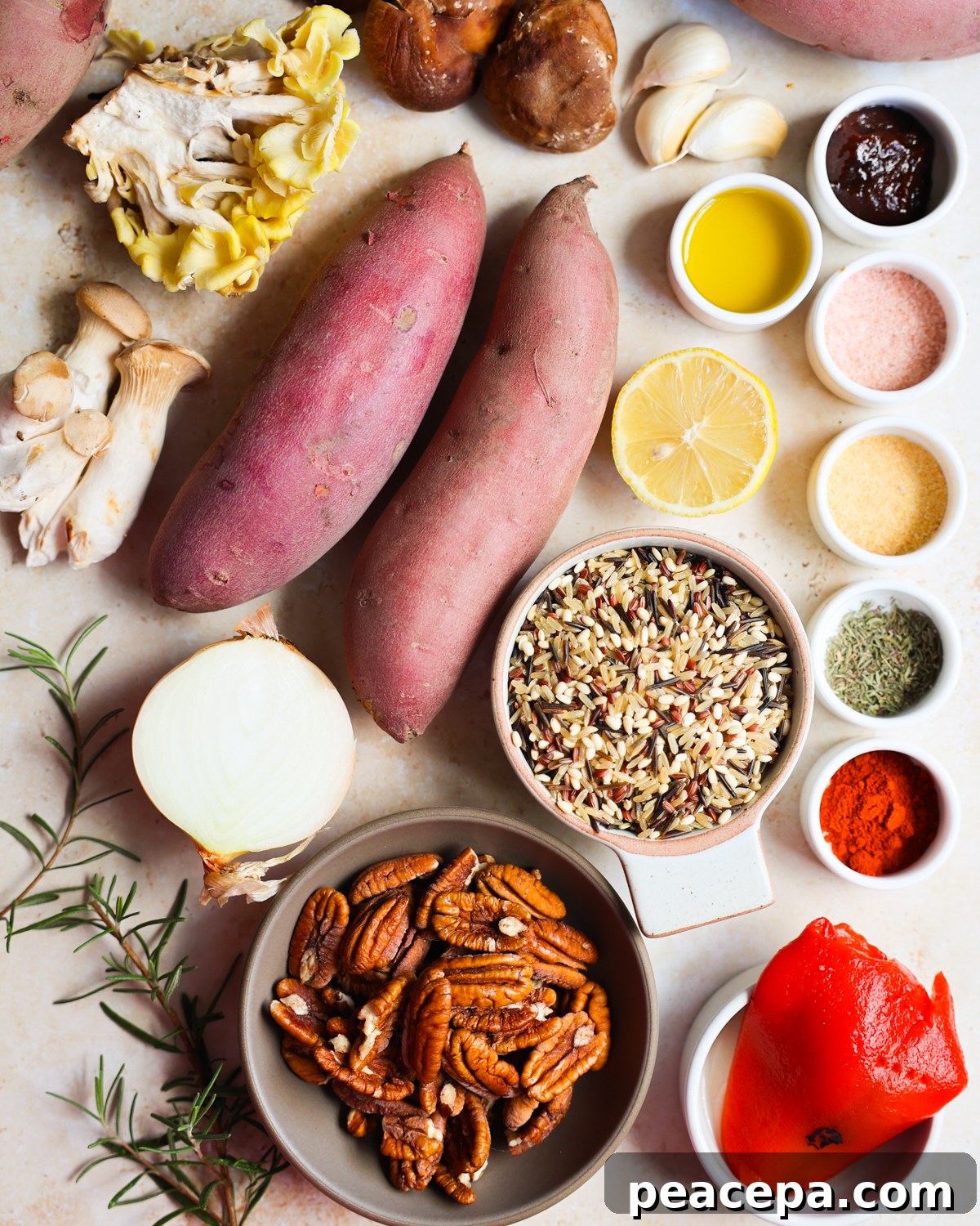 overhead of stuffed sweet potatoes ingredients