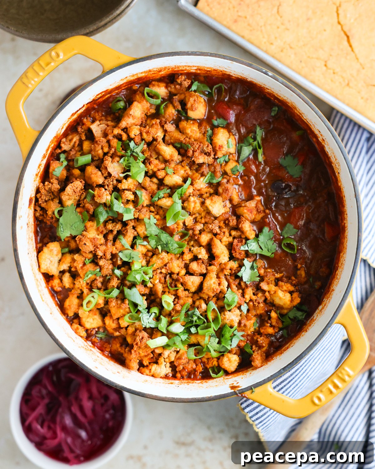 overhead of tofu chili