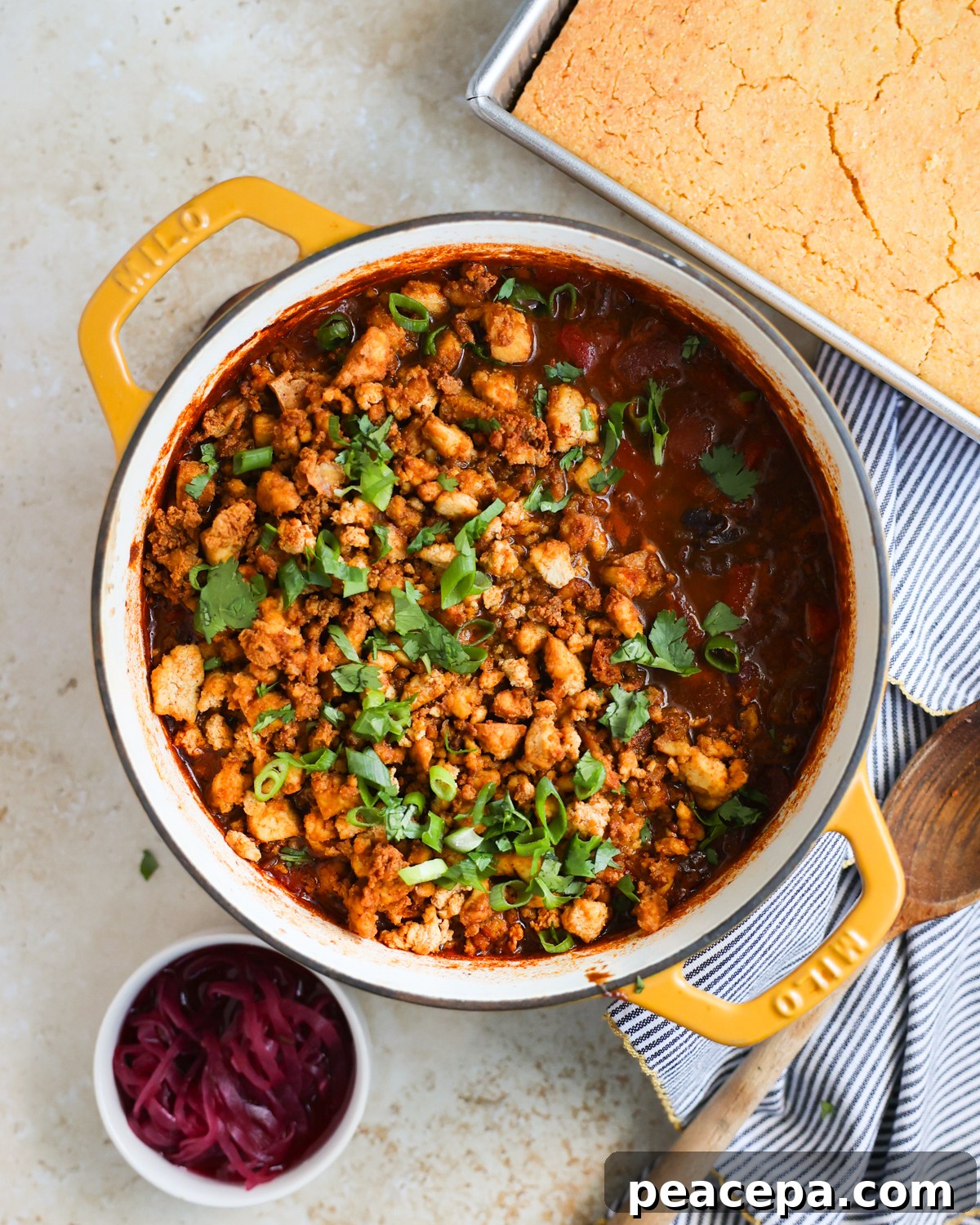overhead finished tofu chili