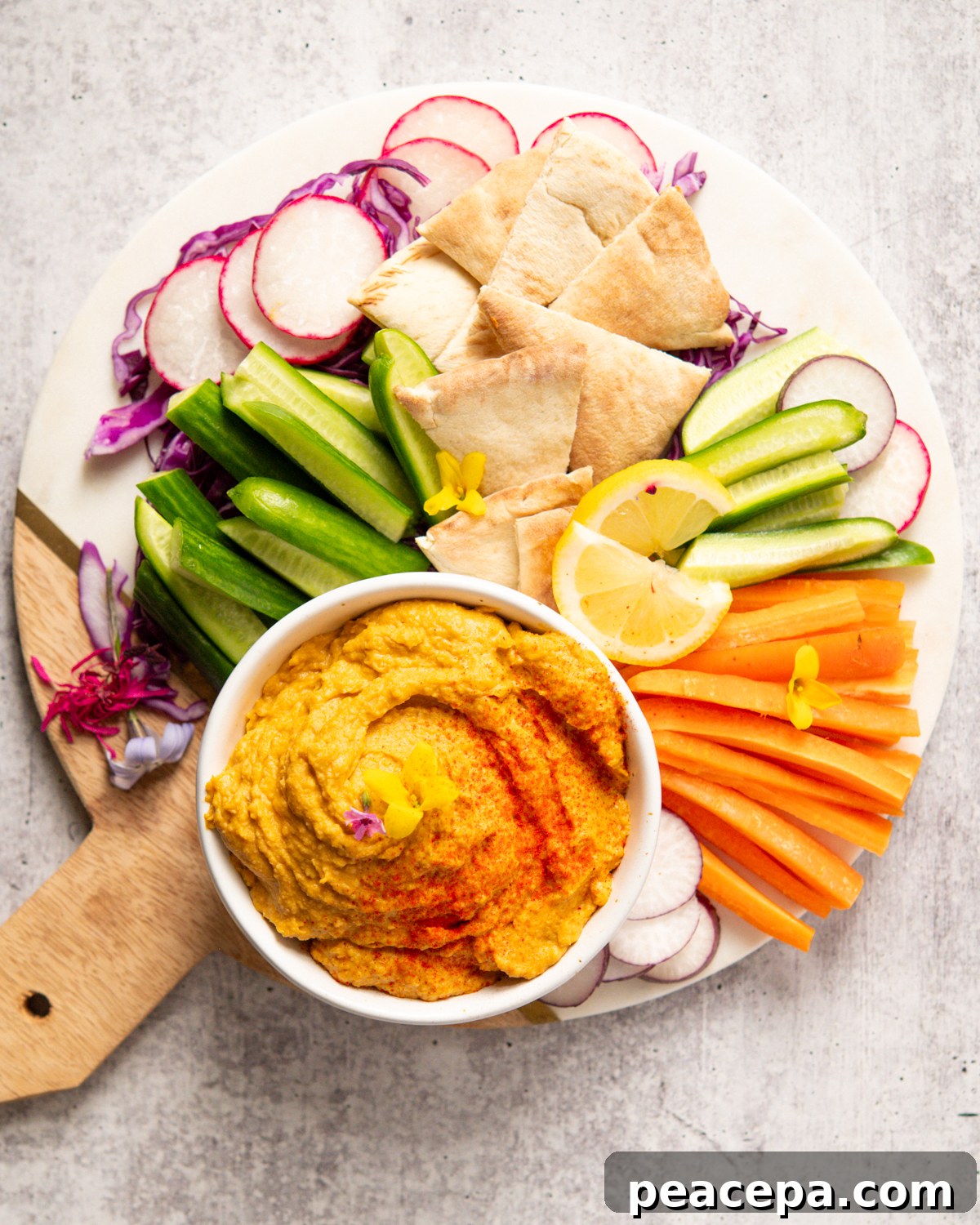 overhead sweet potato hummus platter