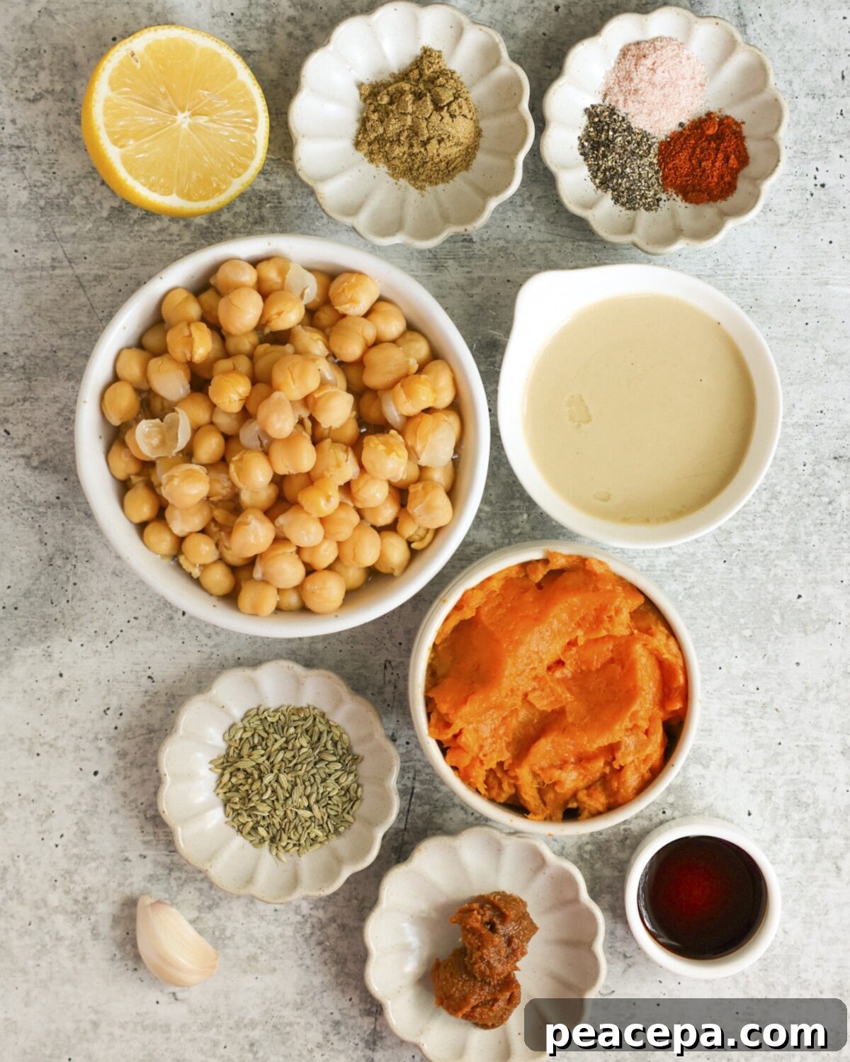 overhead of sweet potato hummus ingredients