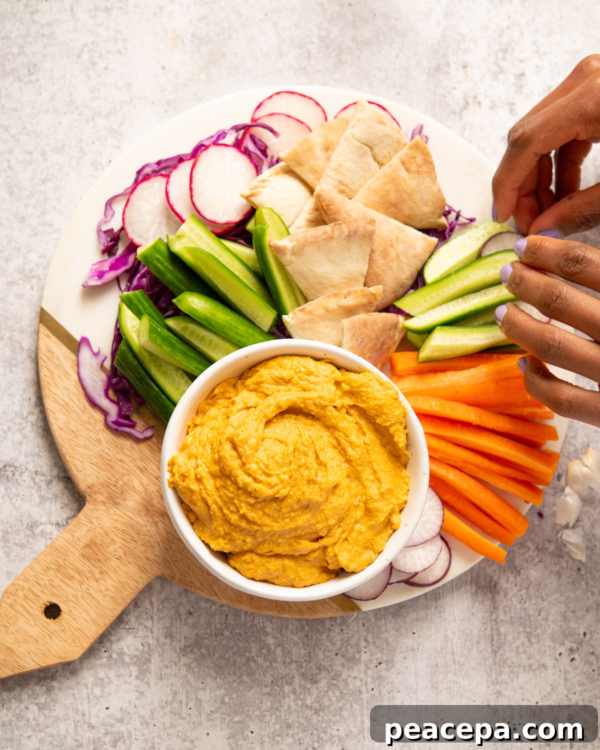 sweet potato hummus overhead with veggies