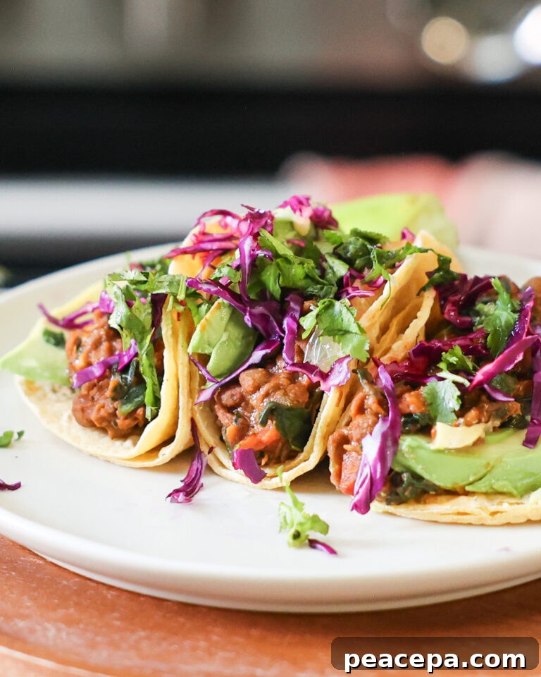 Colorful lentil tacos on a plate.