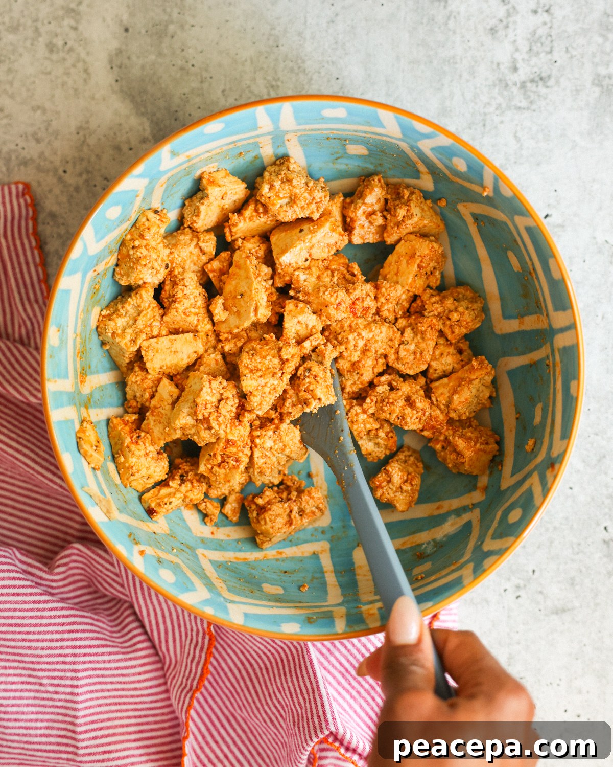 overhead seasoned tofu in bowl