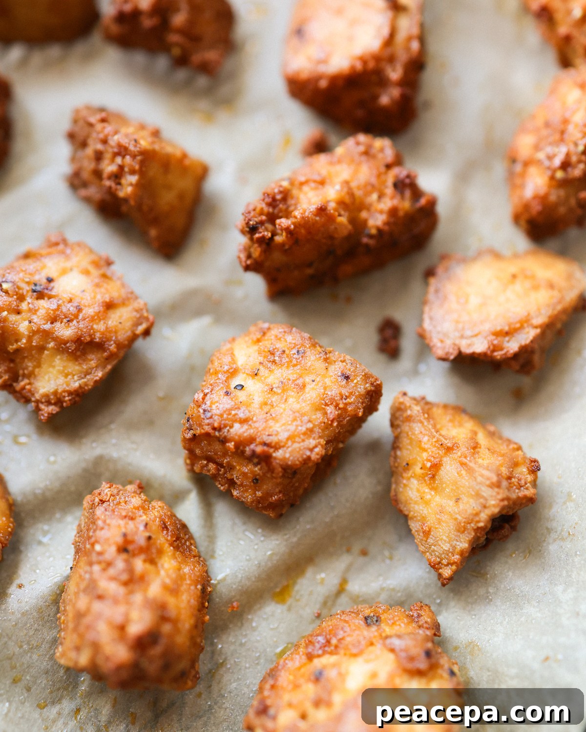 close up baked tofu nuggets