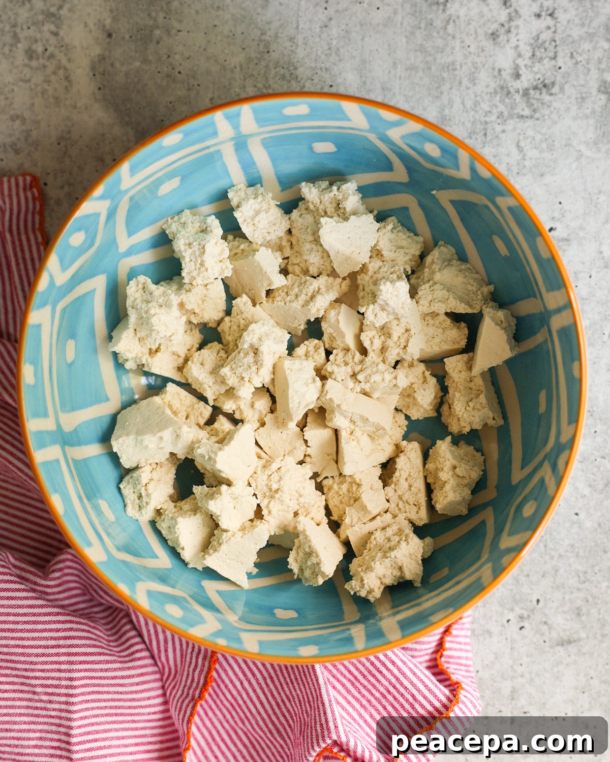 overhead tofu pieces in a bowl