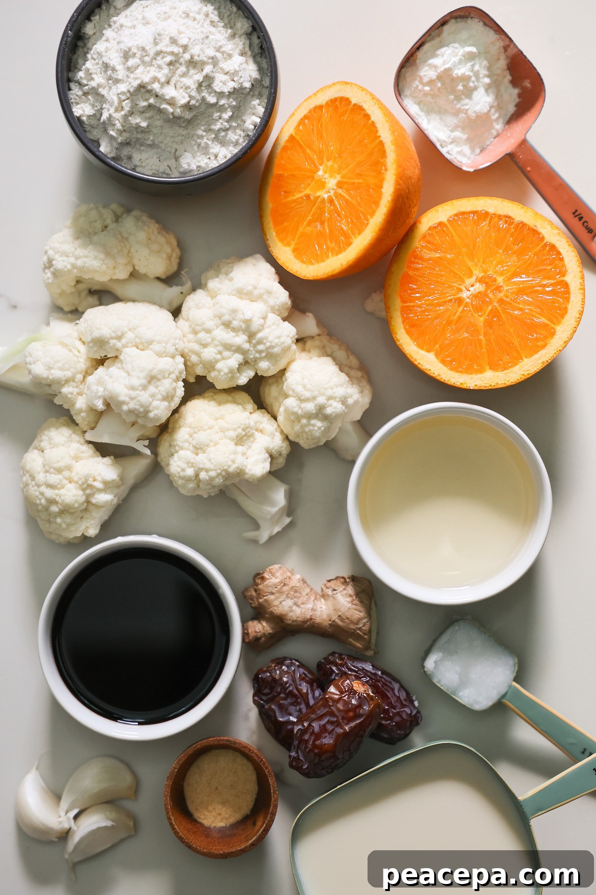 An overhead shot of the ingredients for the orange cauliflower.