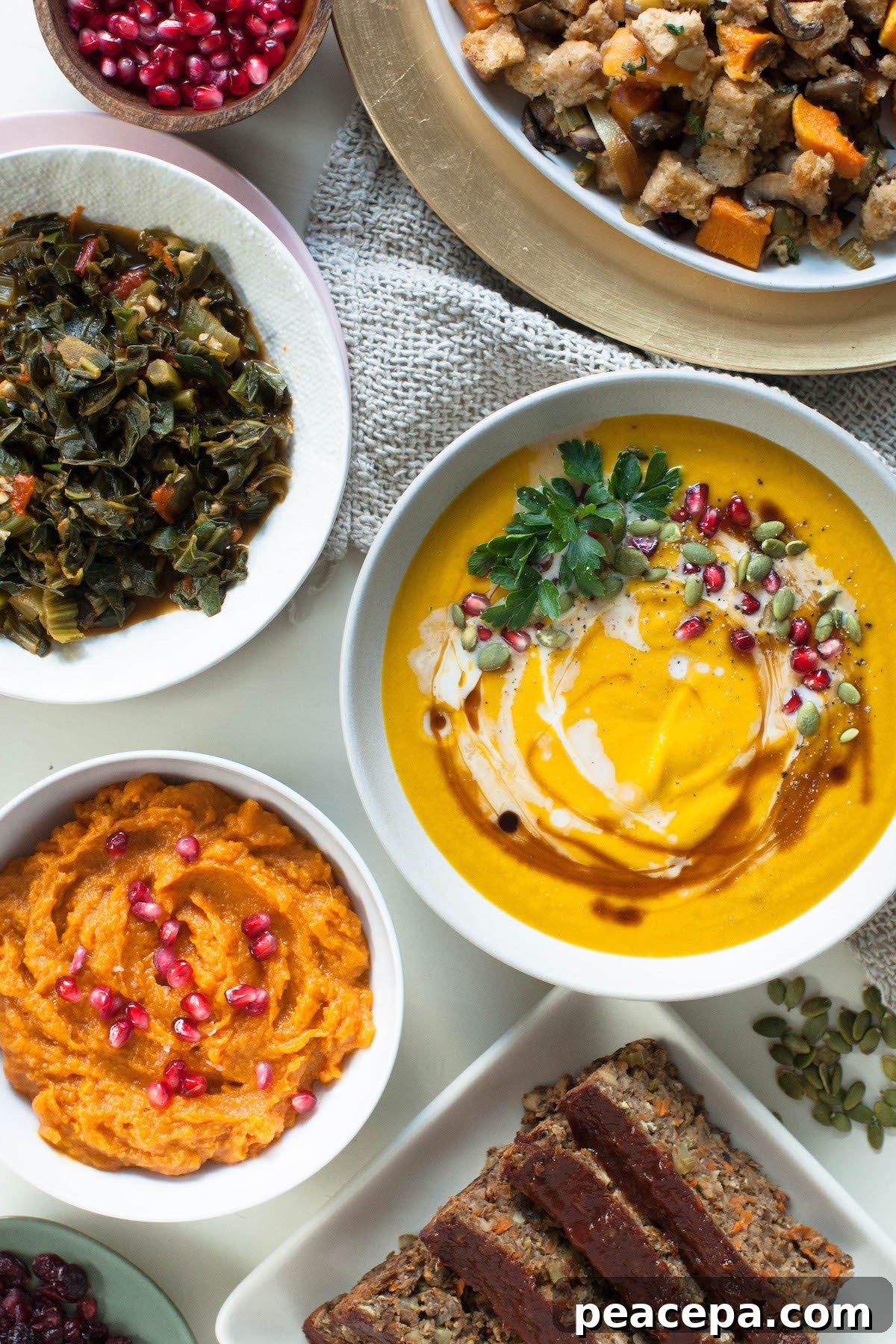 Vegan Thanksgiving dishes arranged neatly on a table.