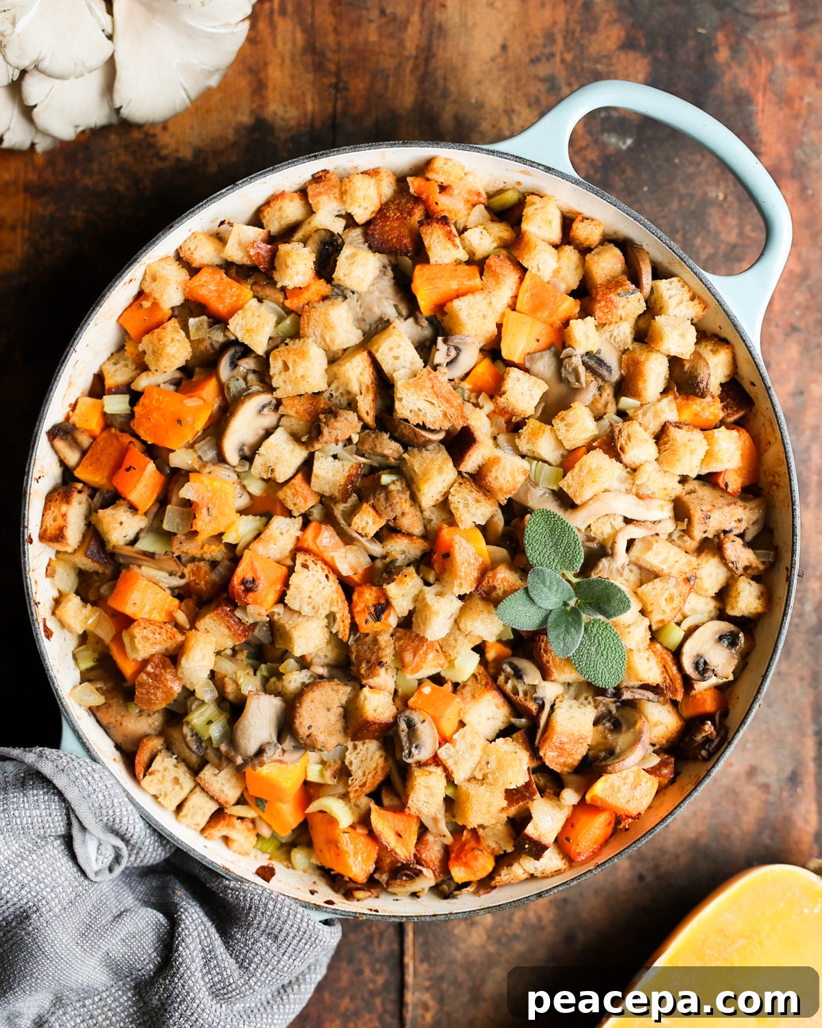 Sourdough stuffing in a skillet.