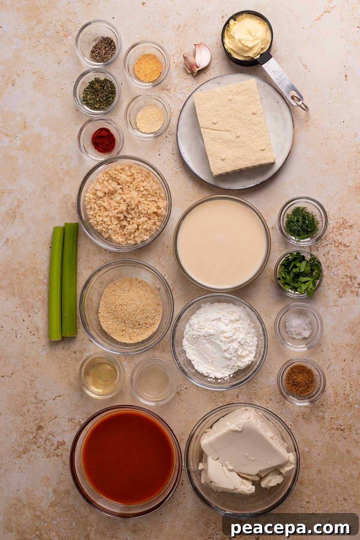 overhead of vegan buffalo wings ingredients