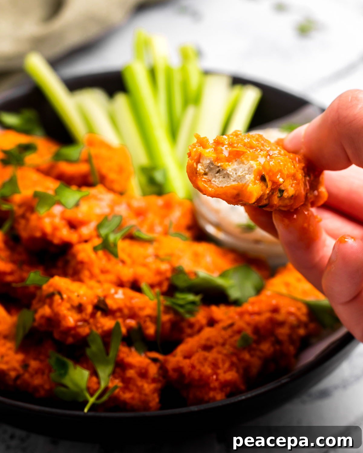 close up of inside of vegan buffalo wings