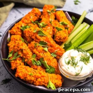 side view of vegan buffalo wings on a plate with celery and dairy-free ranch dip