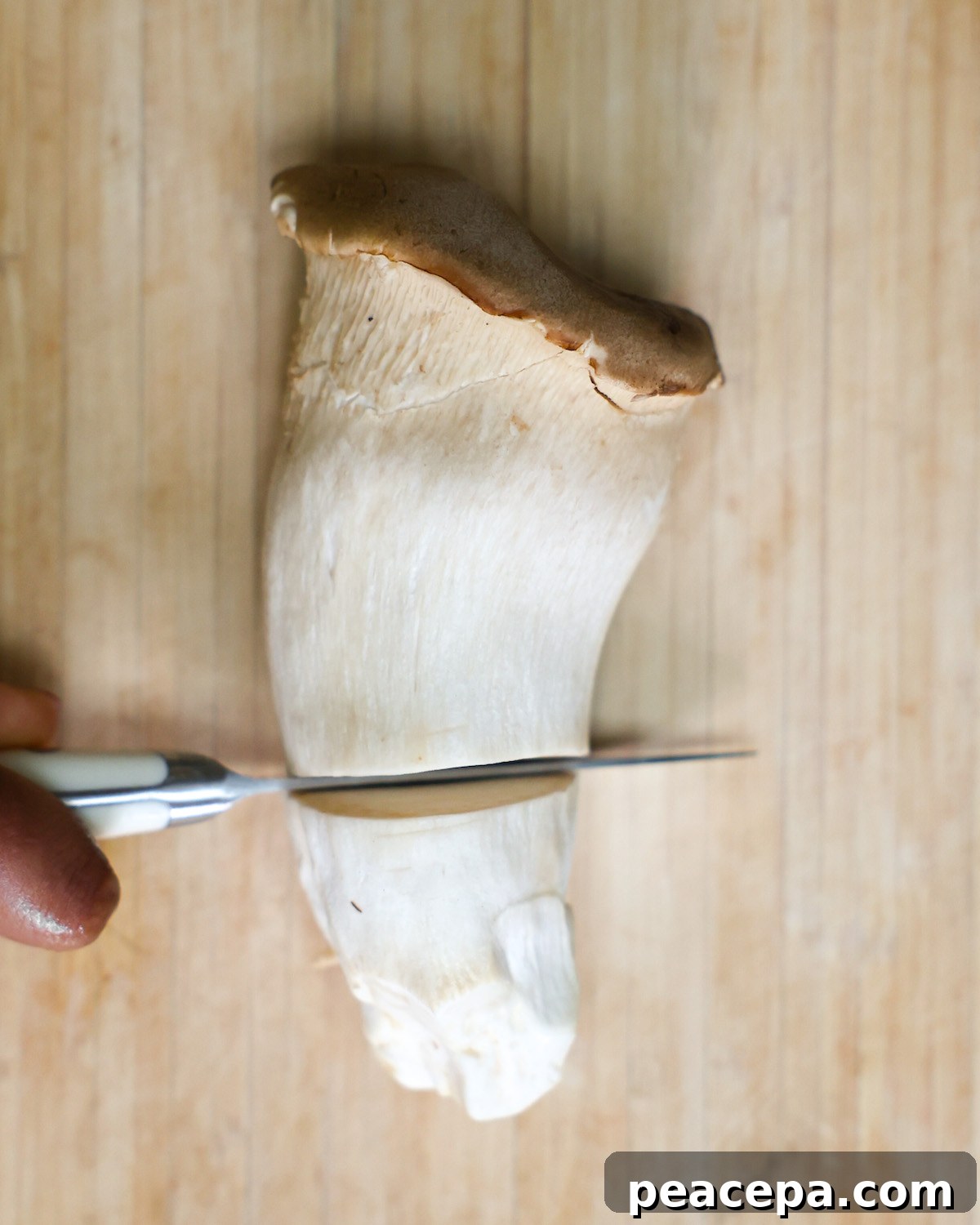 Paring knife slicing through a large king oyster mushroom.