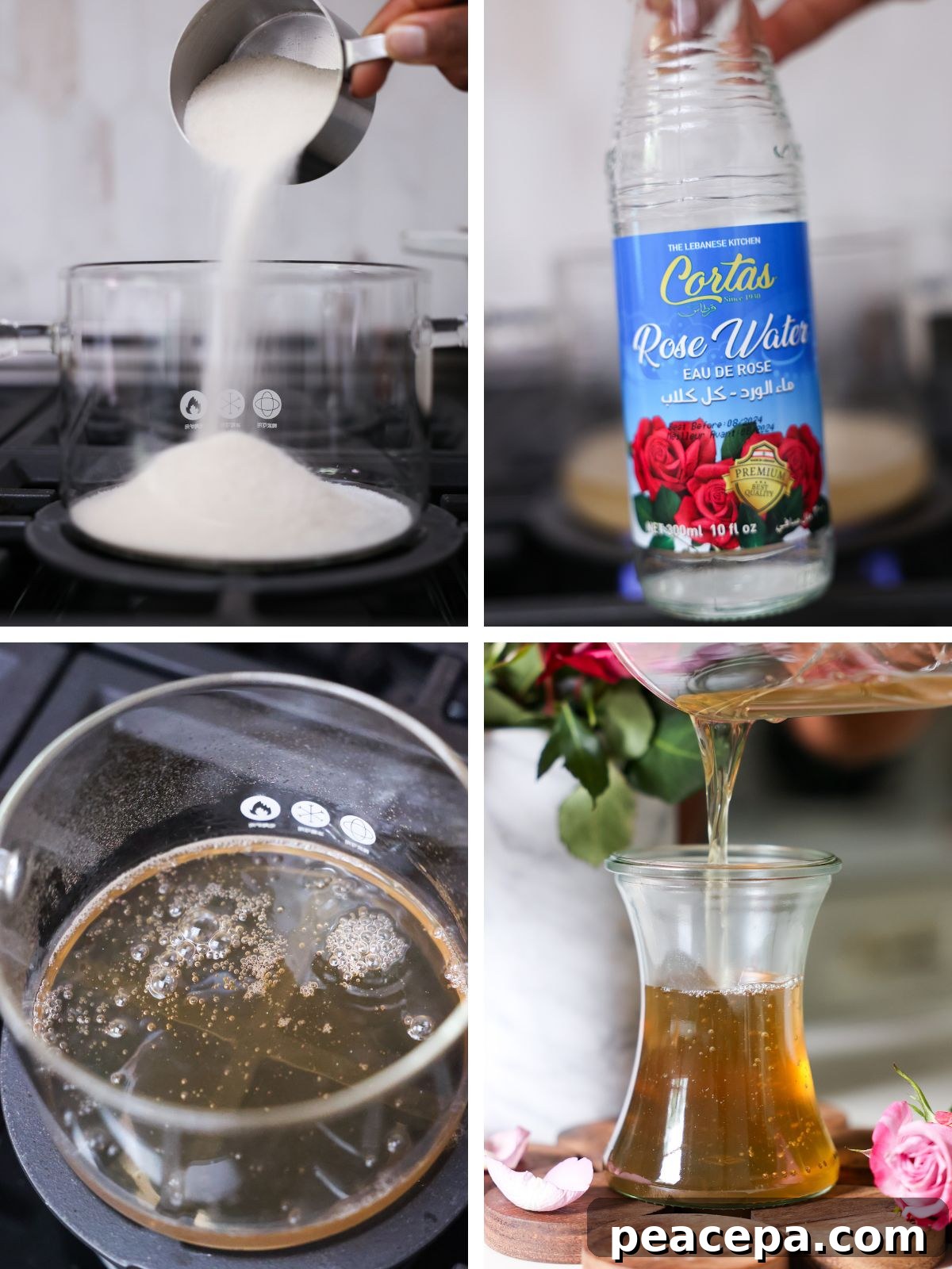 four image grid showing the step by step of how to make rose simple syrup