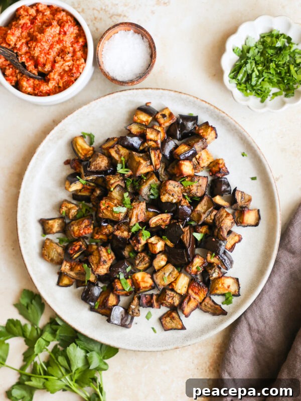 An overhead shot of a serving plate of air fryer eggplant next to small dishes of seasonings.