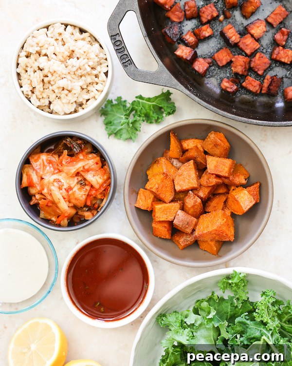 overhead of buddha bowl ingredients 