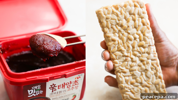 side by side of tempeh and gochujang