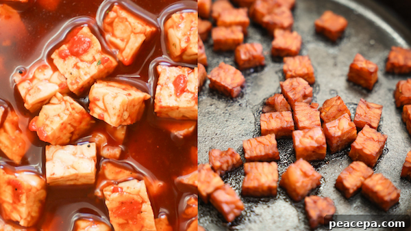 side by side of marinated and cooked tempeh