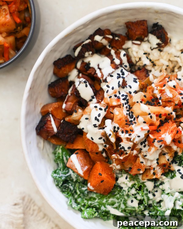 close up of vegan korean inspired buddha bowl
