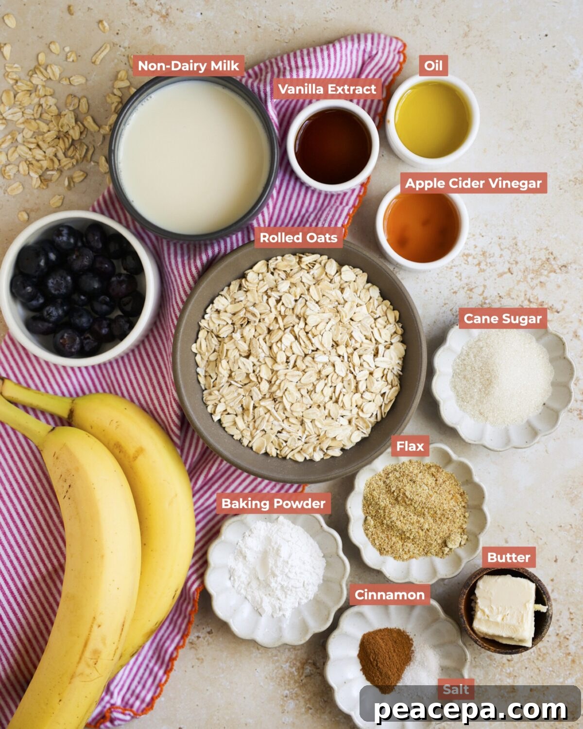 Ingredients for this oat flour pancake recipe.