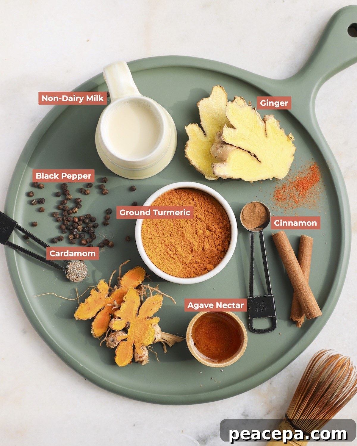 Turmeric latte ingredients on tray.
