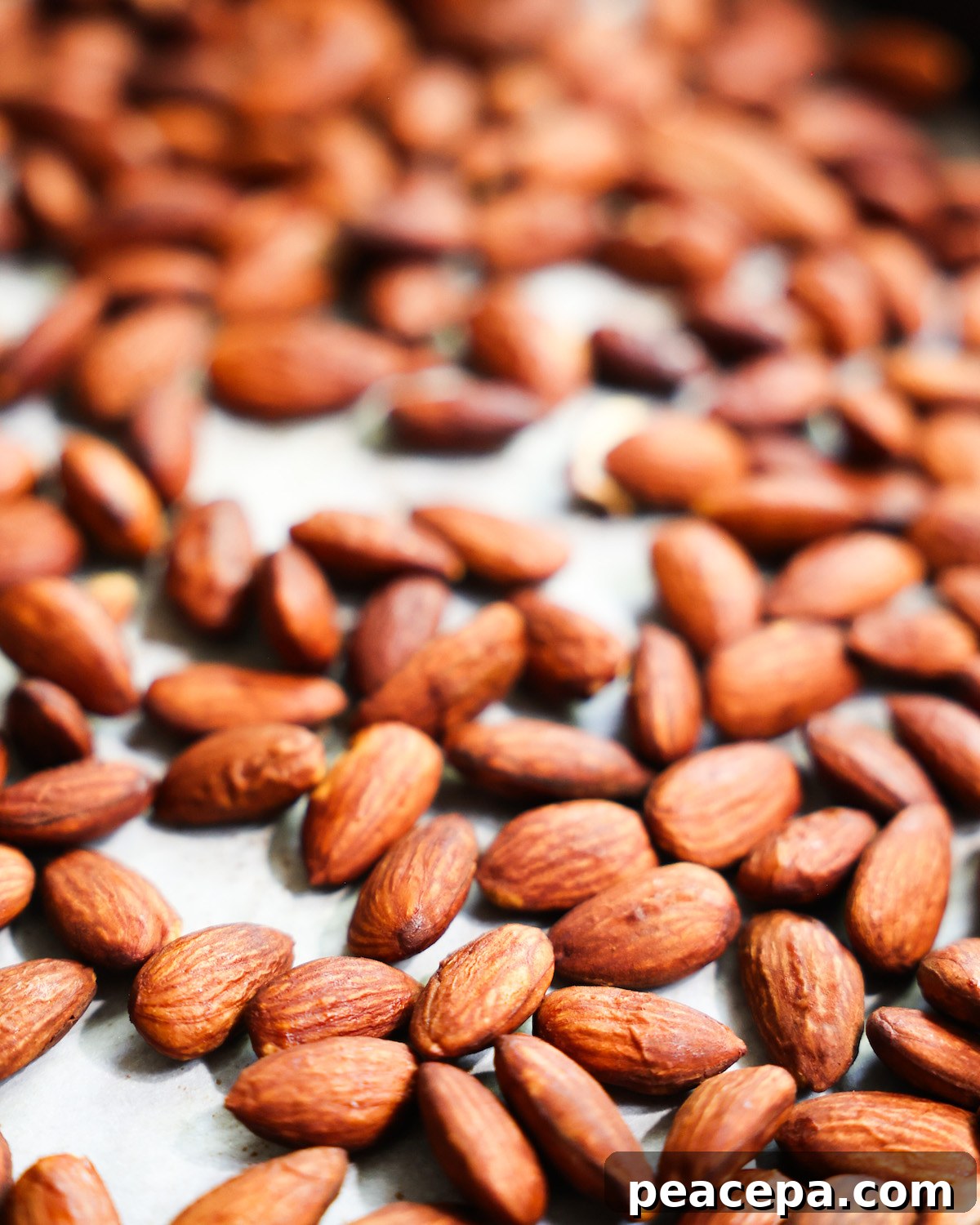 A close up side shot of a pan of roasted tamari almonds.