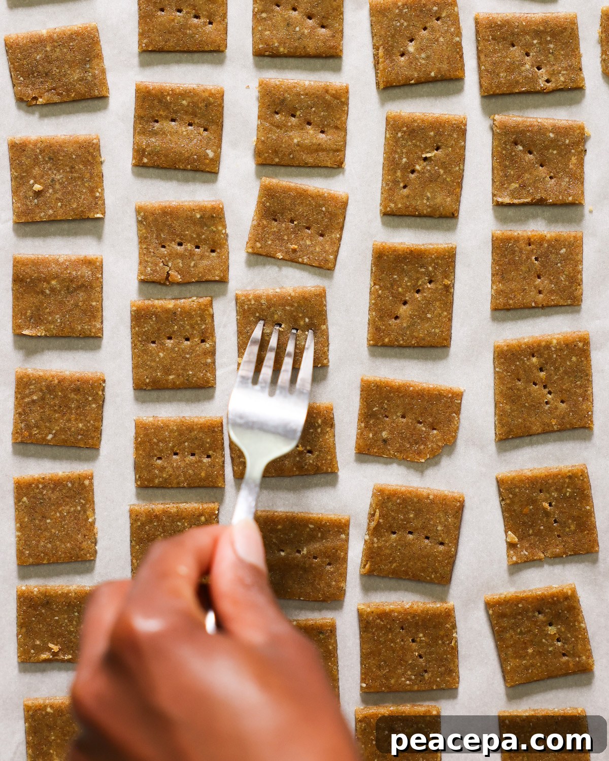 Poking holes in the pumpkin seed crackers with a fork before baking.