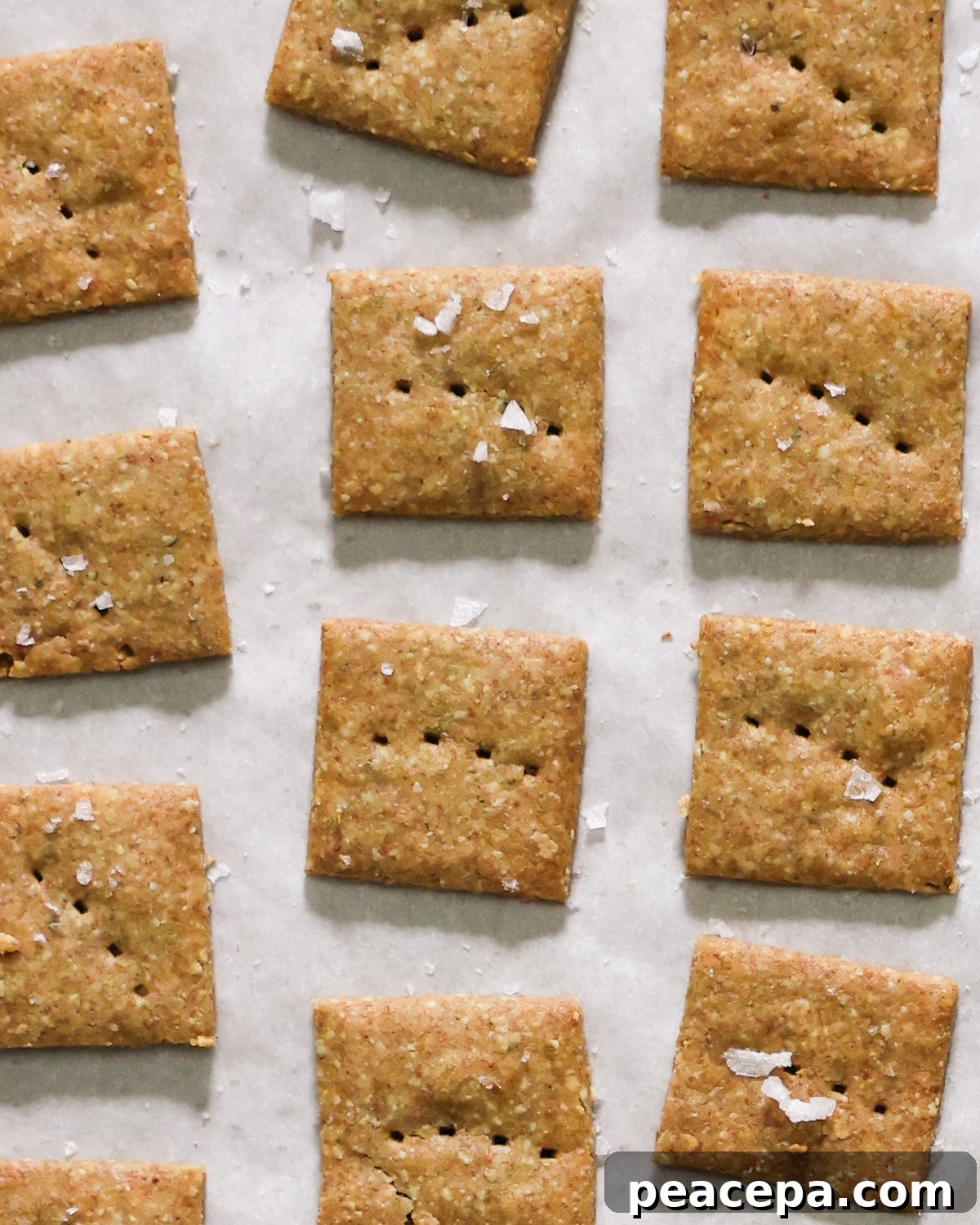 An up-close overhead shot of baked pumpkin seed crackers on a white counter with flaky sea salt.