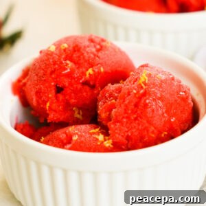 An up-close shot of a small dish of strawberry sorbet garnished with lemon zest.