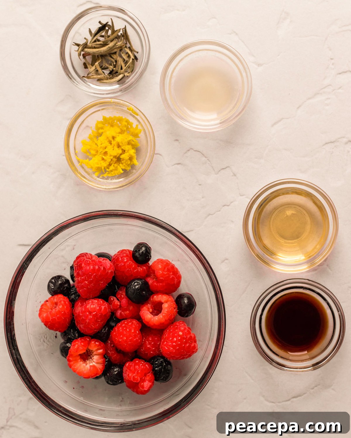 An overhead shot of alternative strawberry soda ingredients.