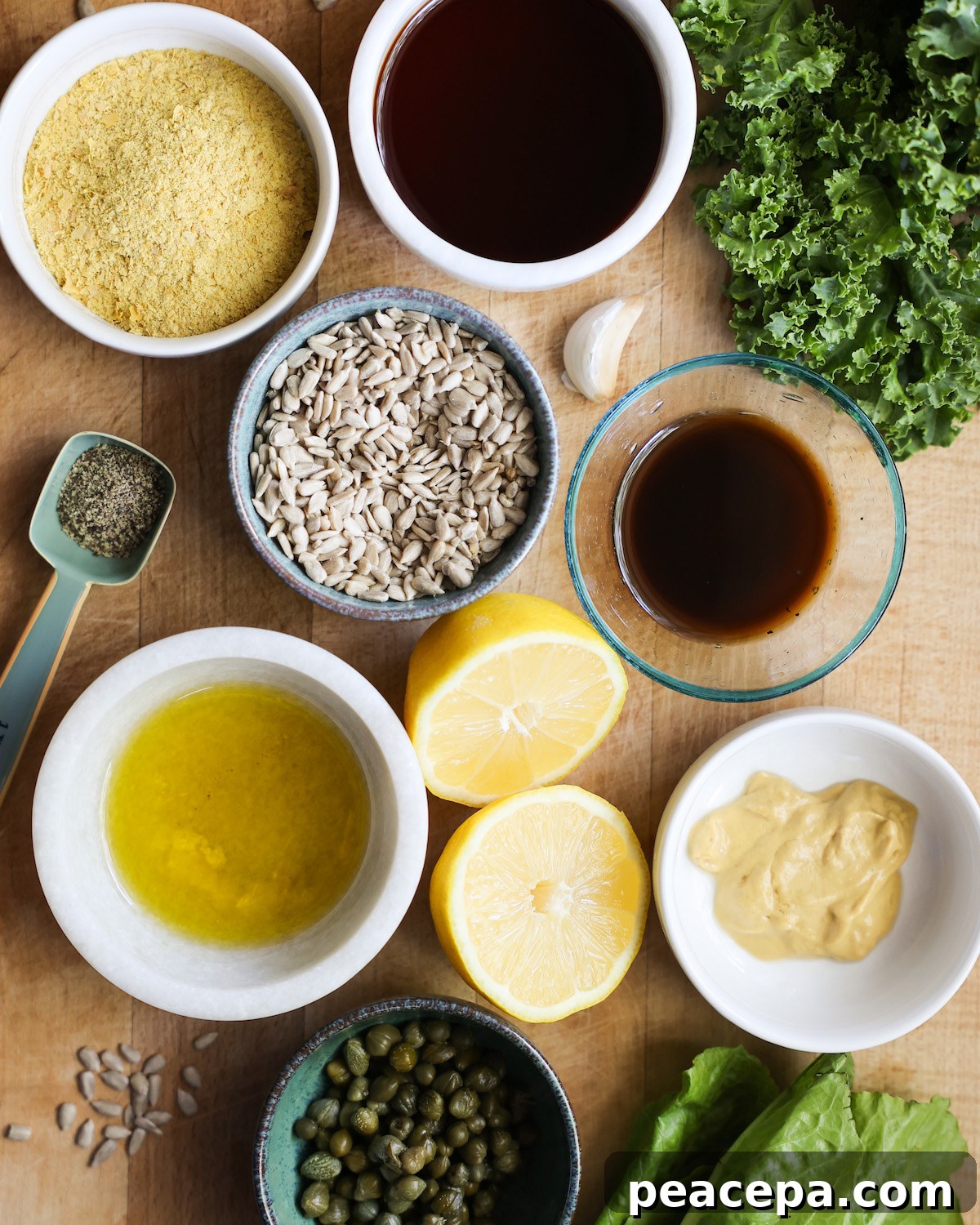 vegan caesar salad ingredients on butcher block