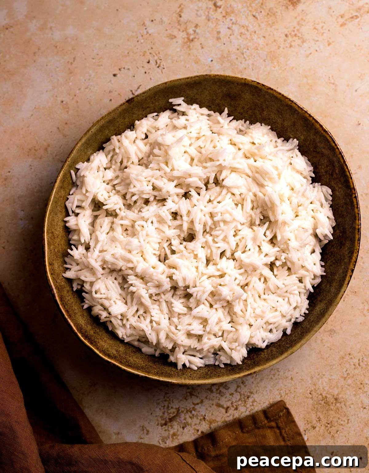 overhead of coconut jasmine rice in a bowl