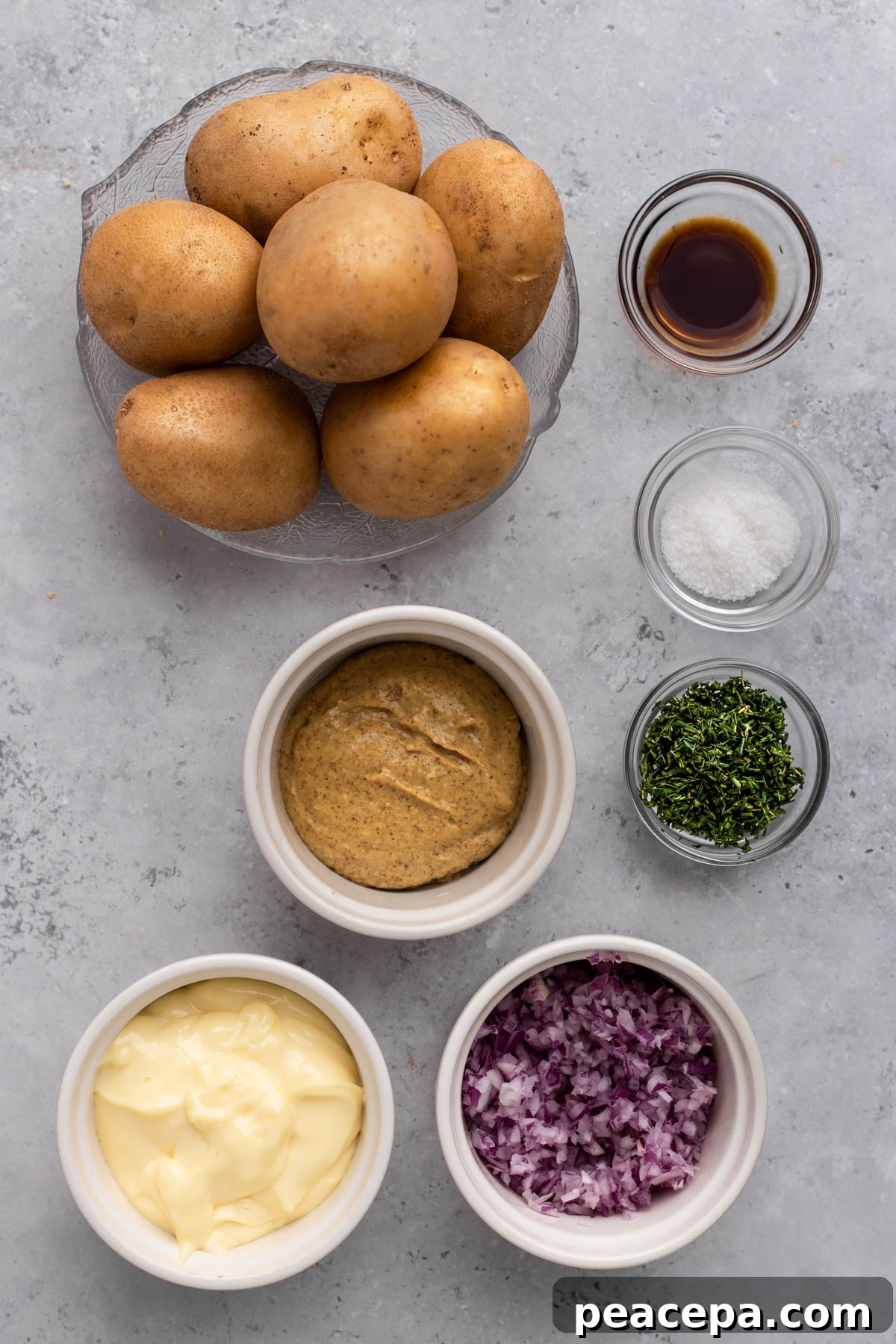 overhead of ingredients for vegan potato salad