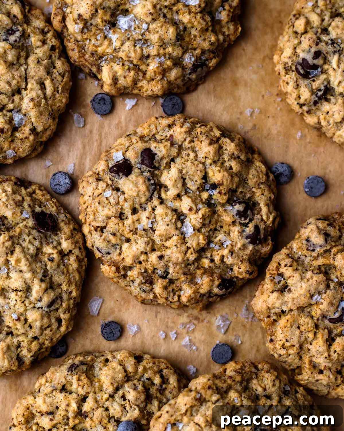 Closeup of Vegan Oatmeal Chocolate Chip Cookies on brown parchment