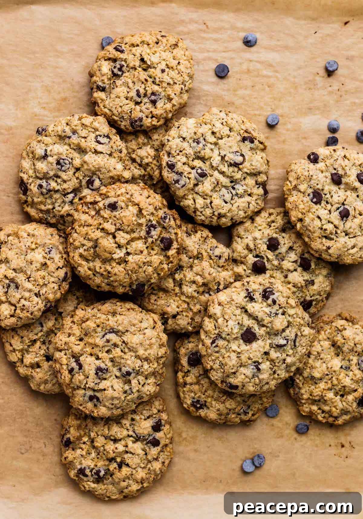 overhead of baked Vegan Oatmeal Chocolate Chip Cookies on parchment paper
