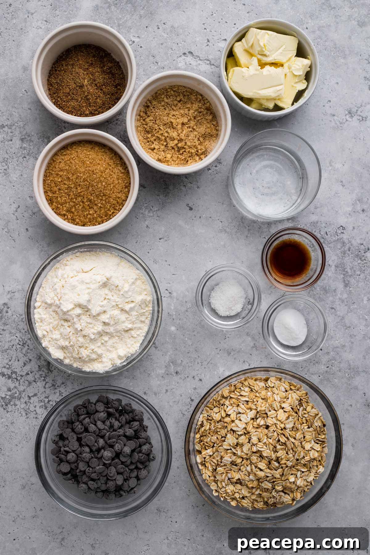 overhead of ingredients for Vegan Oatmeal Chocolate Chip Cookies