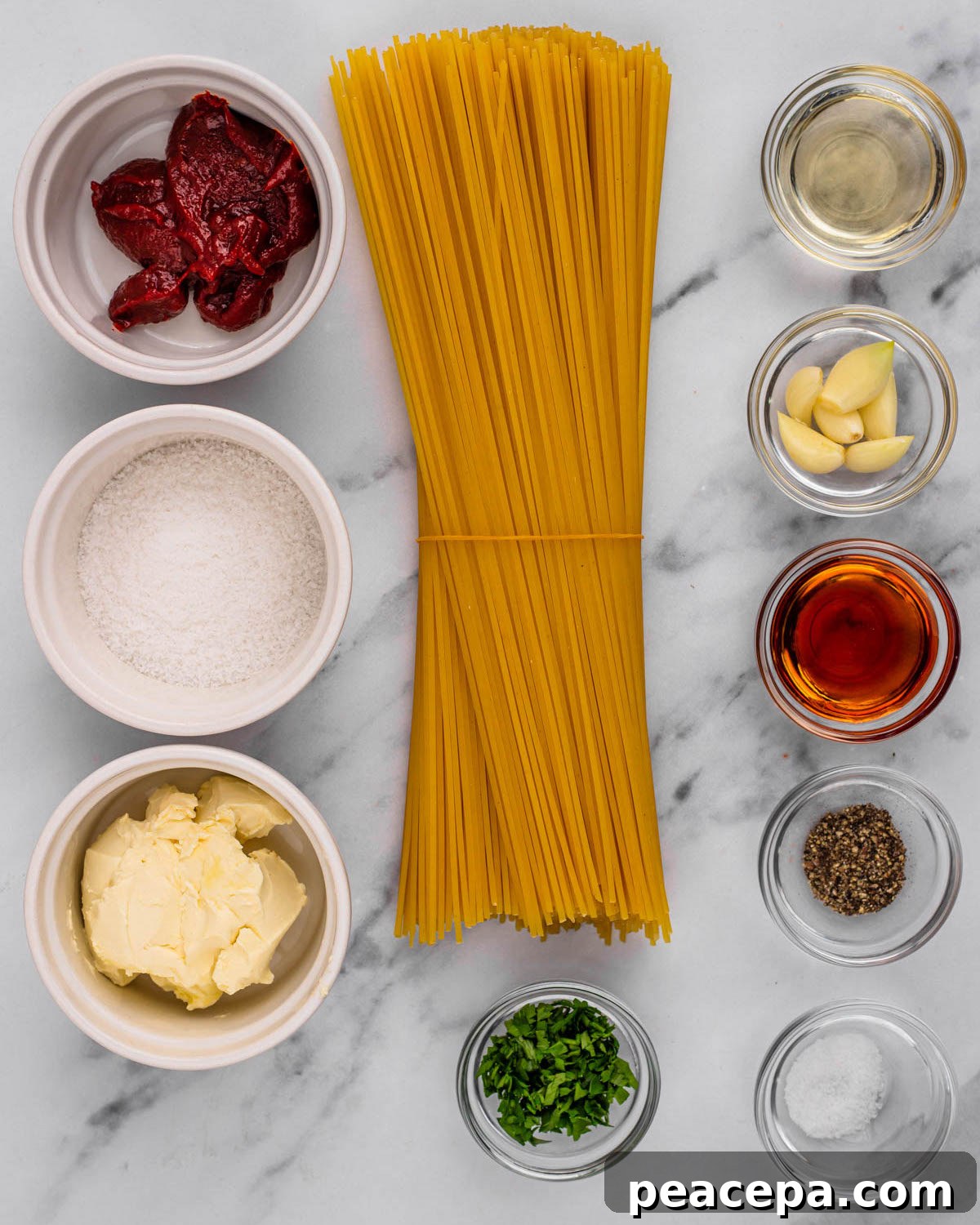 overhead shot of the ingredients for Gochujang Buttered Noodles