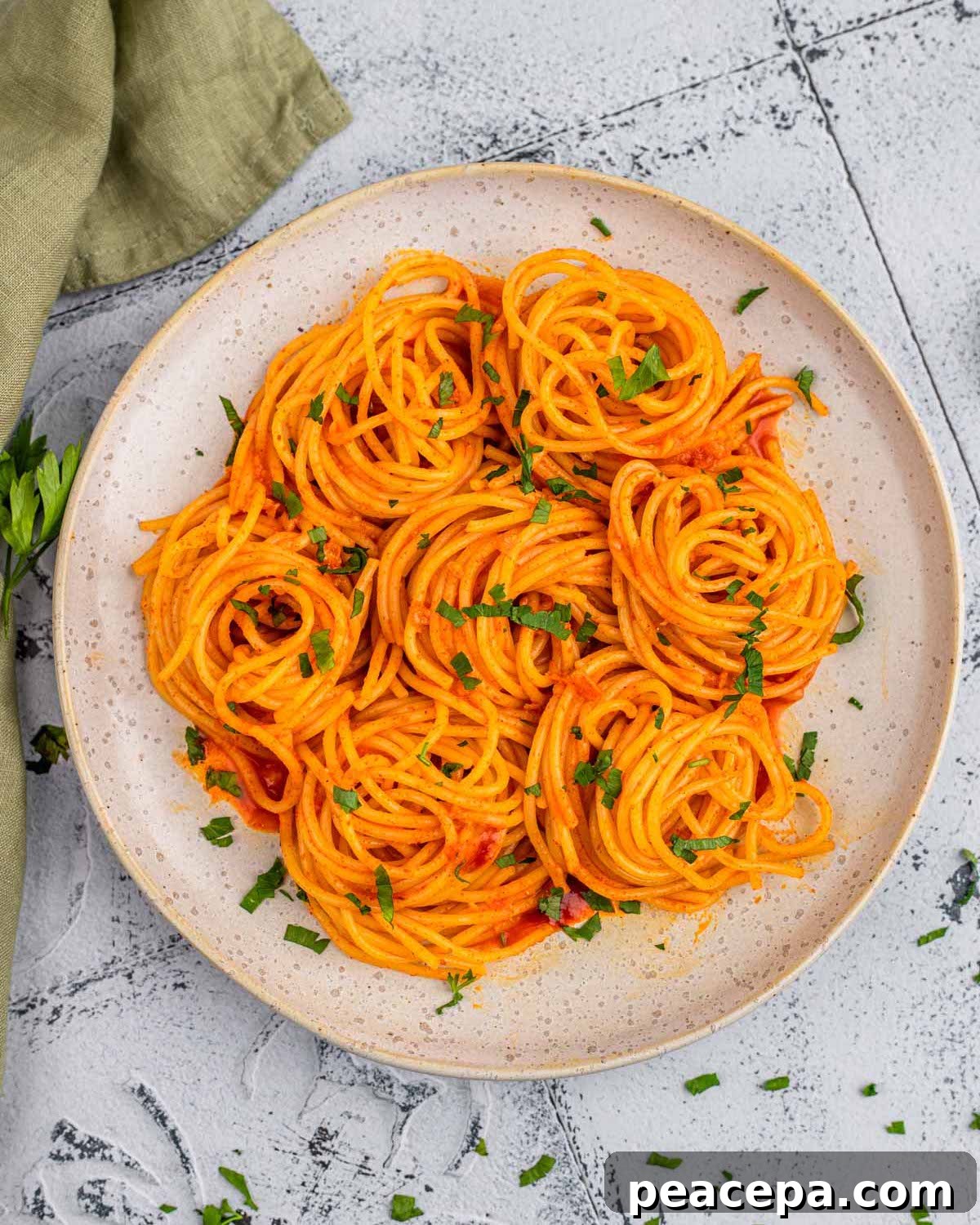 overhead of Gochujang Buttered Noodles on a plate