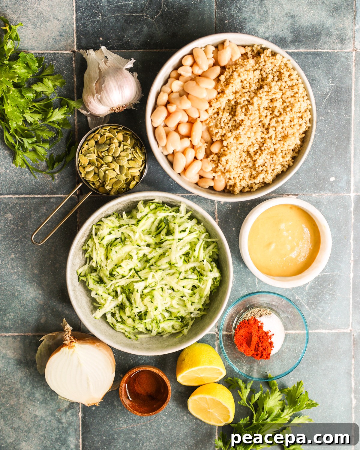 overhead of zucchini burger ingredients
