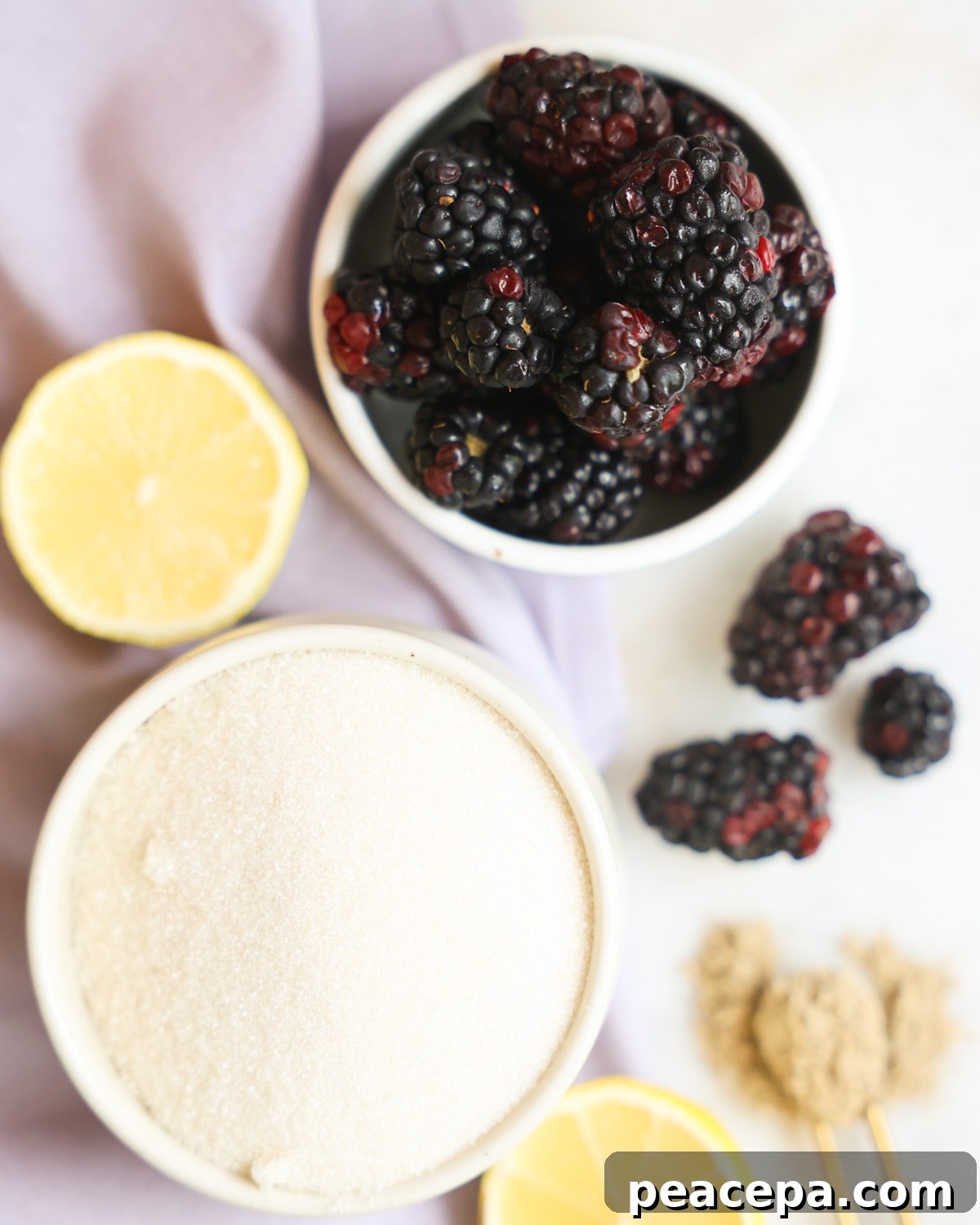 overhead of blackberry syrup ingredients