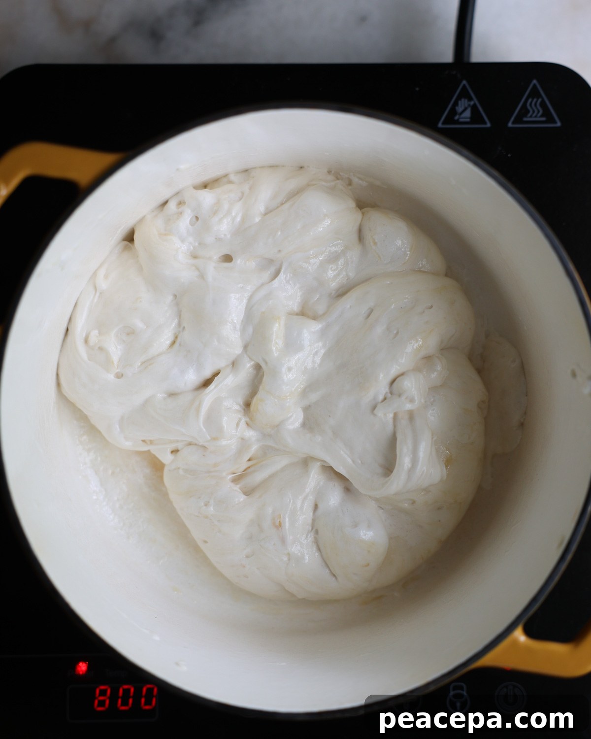 overhead of melted marshmallows in a pot