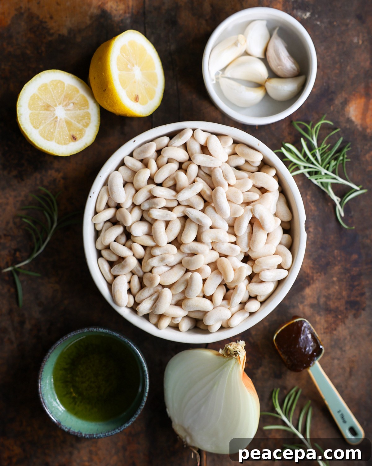 An overhead shot of the ingredients to make Instant Pot White Beans.