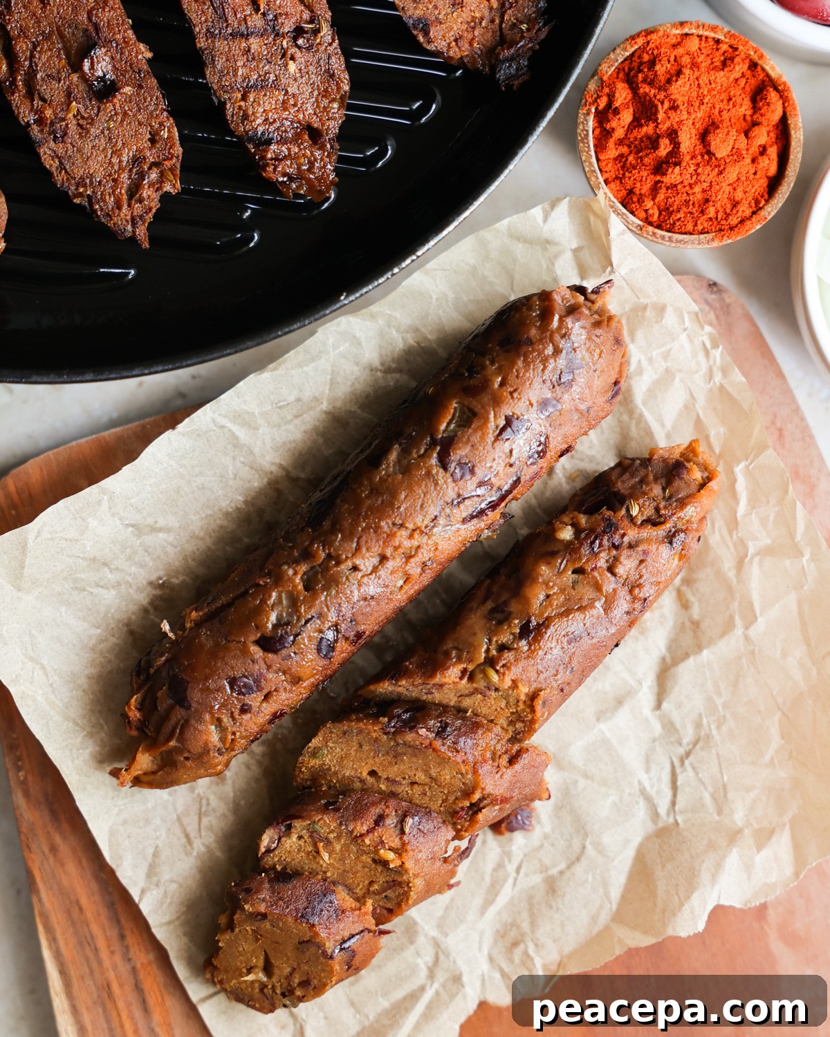 An overhead shot of two vegan sausages-- one whole and one sliced -- on a parchment paper-lined cutting board.
