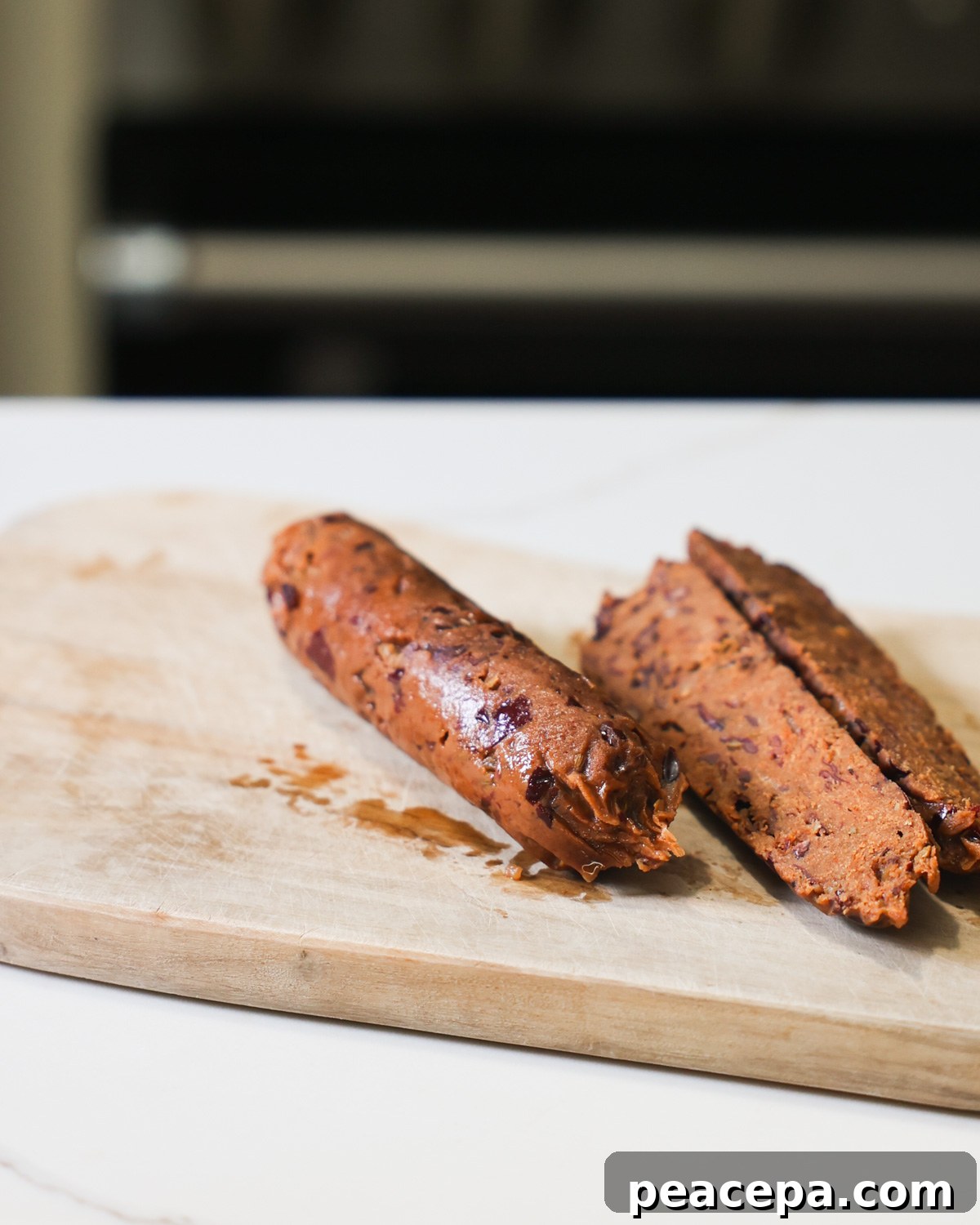 An up-close shot of vegan sausages on the cutting board.