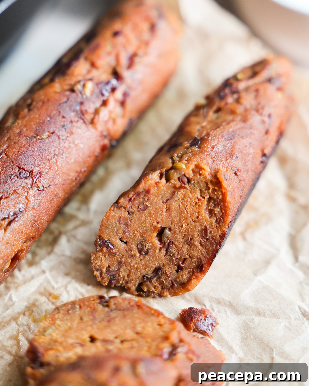 A close-up shot of a sliced vegan sausage on crinkled parchment paper.