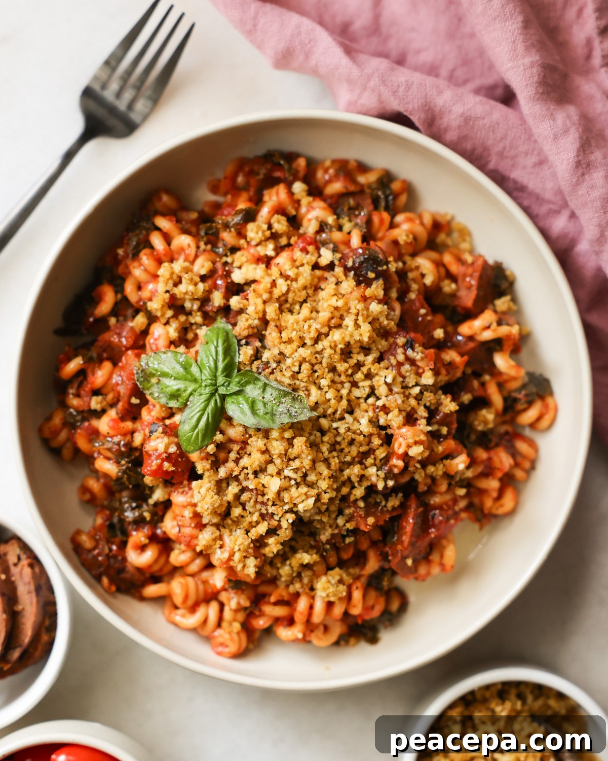 An overhead shot of a white bowl of Instant Pot Vegan Sausage Pasta with bread crumbs and a sprig of basil.