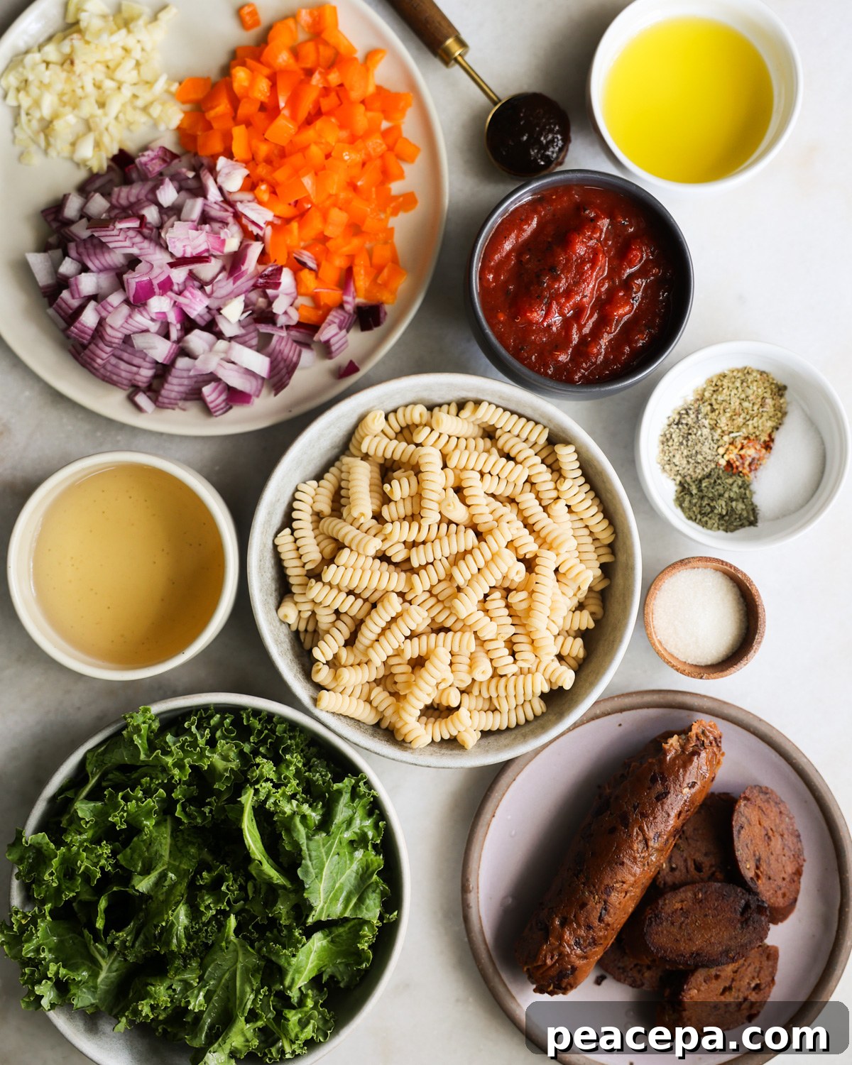 All of the ingredients to make Instant Pot Vegan Sausage Pasta.