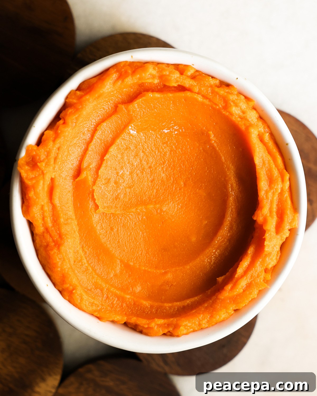 overhead of sweet potato puree in a bowl